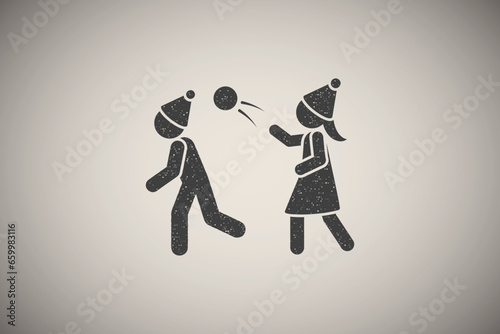 Children play snowballs icon vector illustration in stamp style