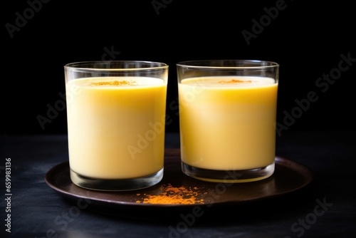 two mesmerizing glasses of thick mango lassi on a black surface