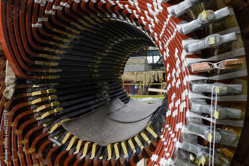 Canvastavla Closeup view of stator winding in electric machine.