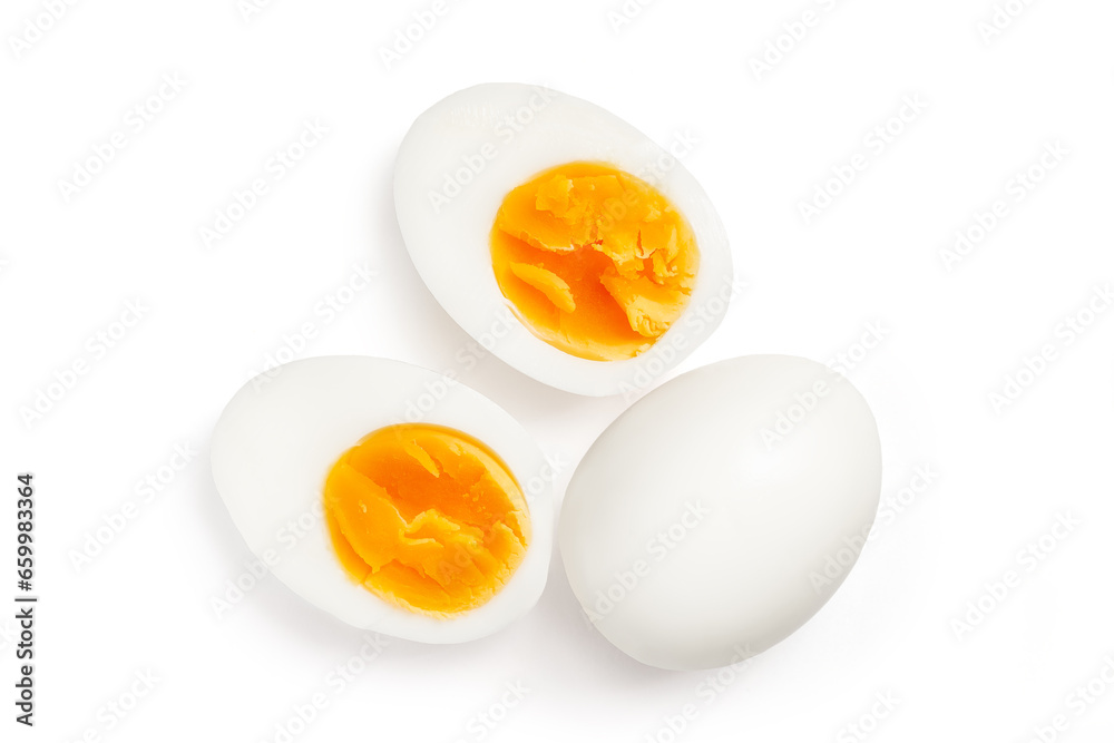 Fresh hard boiled chicken eggs isolated on white, top view, Clipping path included Fresh hard boiled chicken eggs isolated on white, top view, Clipping path included