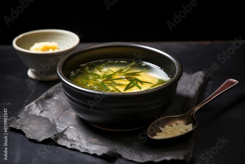 white bowl of miso soup on a dark stone table