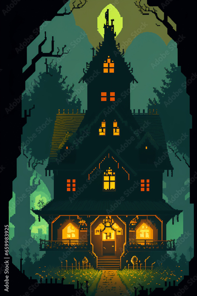 print design for t-shirt. 8 bit. House with the ghosts