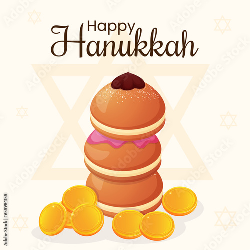 Hanukkah celebration greeting card with traditional  dessert and coins.