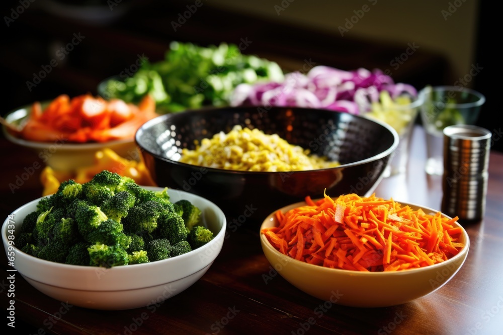 a bowl of raw vegetables next to a plate of fried food a bowl of raw vegetables next to a plate of fried food