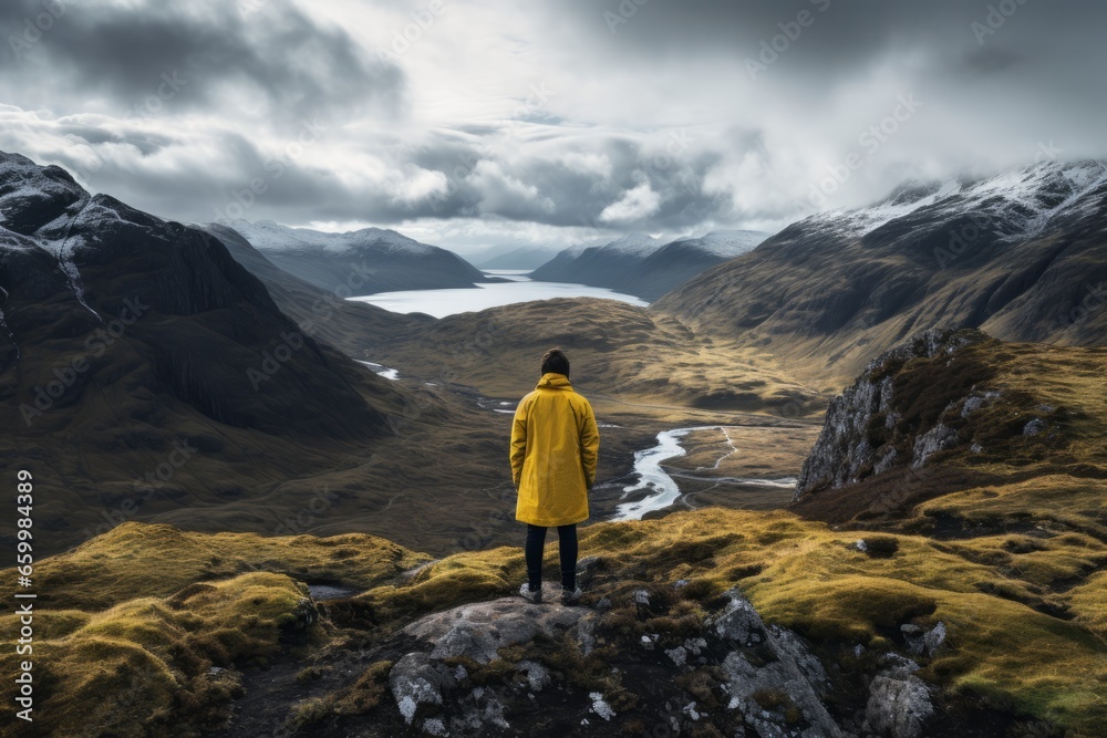 Fototapeta premium Hiker in the mountains, yellow parka.