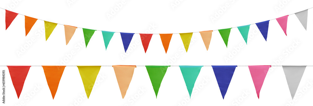 Carnival garland, birthday party decoration. Rainbow Pennant Banner Flags. Colorful multicolored triangular flags. Png transparency - obrazy, fototapety, plakaty 