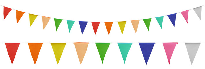 Carnival garland, birthday party decoration. Rainbow Pennant Banner Flags. Colorful multicolored triangular flags. Png transparency