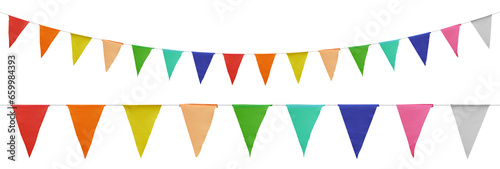 Carnival garland, birthday party decoration. Rainbow Pennant Banner Flags. Colorful multicolored triangular flags. Png transparency