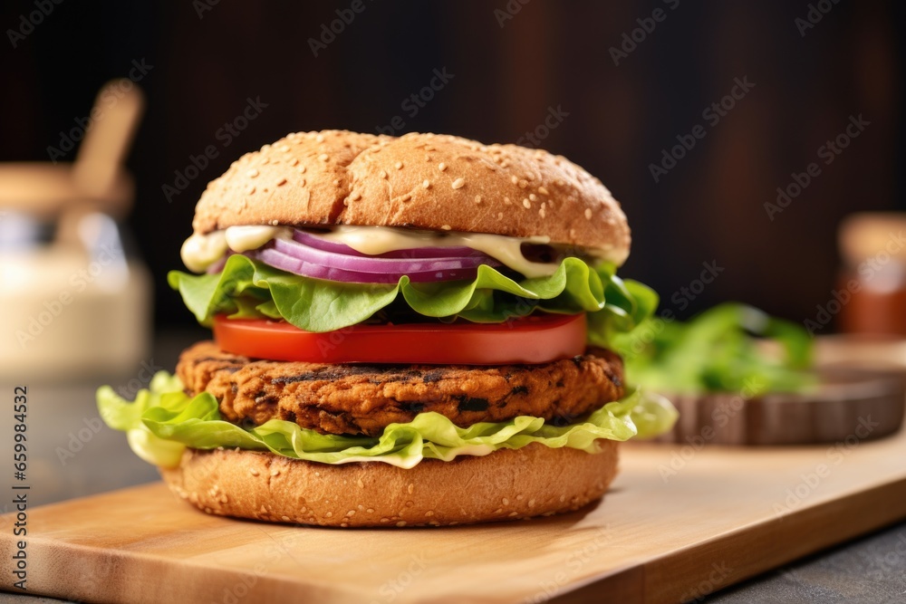 a vegan burger on a bun with lettuce and tomatoes