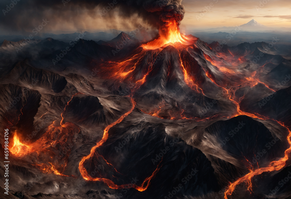 Volcano eruption at night. Generative AI Volcano eruption at night. Generative AI