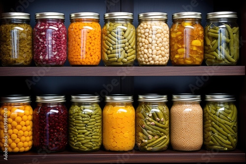 rows of canned vegetables on a pantry shelf