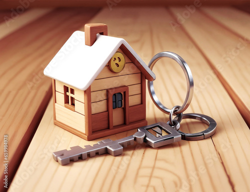 a wooden house and a substantial key, symbolizing the real estate market, property transactions, and the architecture and construction business © asfianasir