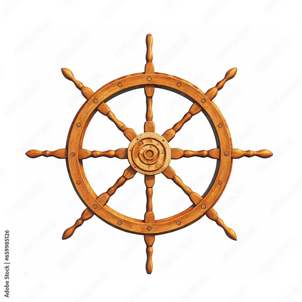 Illustration of boat sailing steering wheel wooden rudder on white background