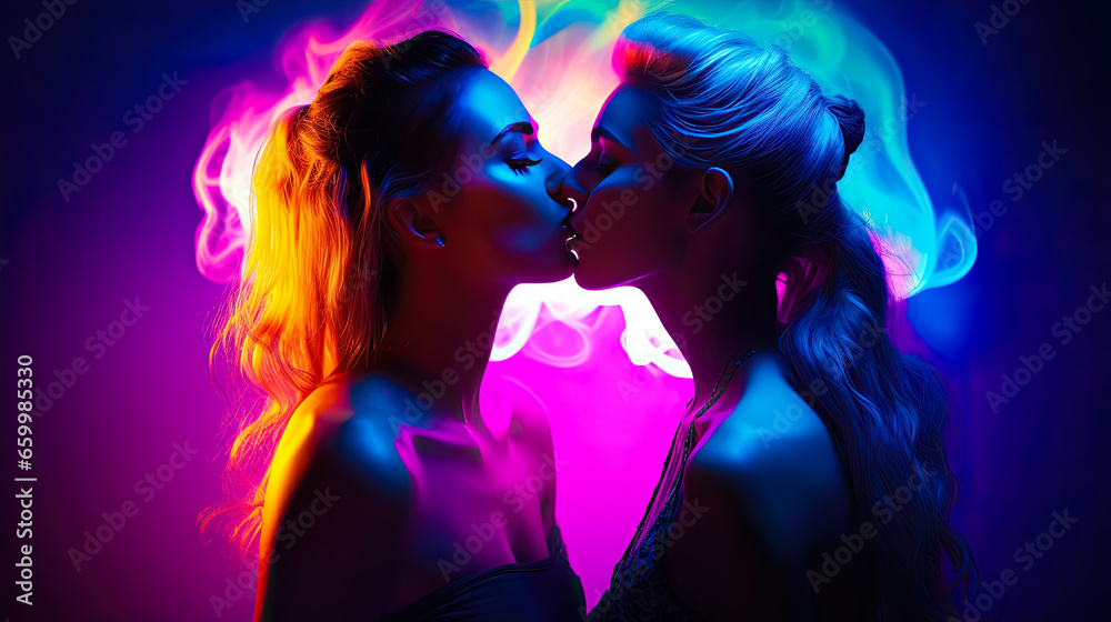 Beautiful sexy lesbian couple kissing in neon lights. Homosexuality, same-sex relationships concept Beautiful sexy lesbian couple kissing in neon lights. Homosexuality, same-sex relationships concept
