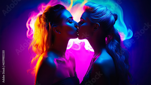 Beautiful sexy lesbian couple kissing in neon lights. Homosexuality, same-sex relationships concept
