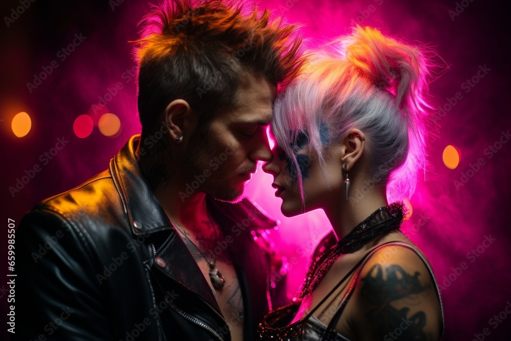 Punk lovestory in a neon light. Unformal couple embracing in a red and blue lights Punk lovestory in a neon light. Unformal couple embracing in a red and blue lights
