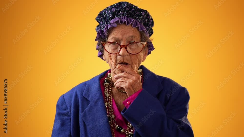Portrait of toothless funny elderly senior old woman with wrinkled skin looks at camera gives great idea gesture showing explosion of thinking posing isolated on yellow background with copy space. 
