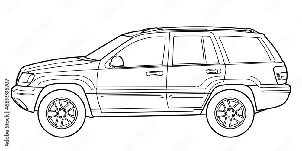 Classic luxury american suv car. Crossover car front view shot. Outline doodle vector illustration. Design for print, coloring book