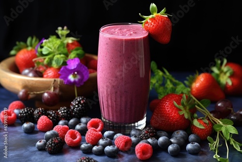 mixed berry smoothie beside an arrangement of raw berries