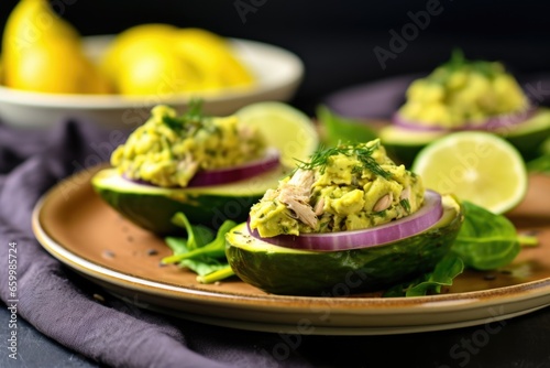 avocado and tuna salad garnished with lemon wedges