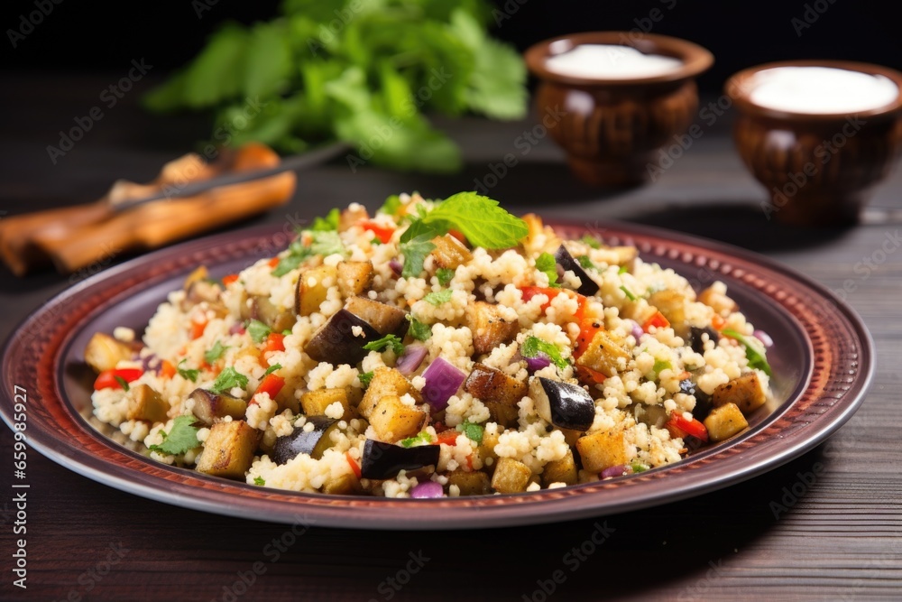 couscous salad with chopped eggplants on a ceramic plate couscous salad with chopped eggplants on a ceramic plate