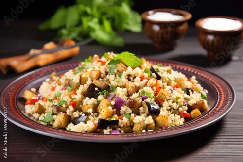 couscous salad with chopped eggplants on a ceramic plate