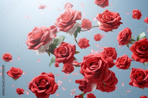 Many delicate tender pink big and small open and closed red roses  flowers and buds levitating  blue sky background