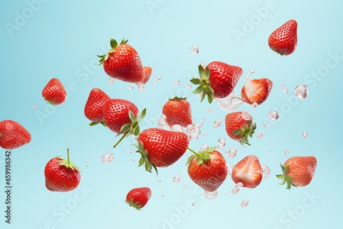 a clean detailed studio photo of fresh raw ripe strawberries flying in the air on pastel gradient background. fruit food ingredient levitation.