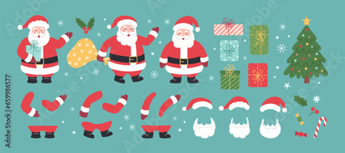 Santa Claus constructor set. Happy old character with white beard in red costume with various emotion, pose and gesture. Christmas elements. Flat vector illustration.