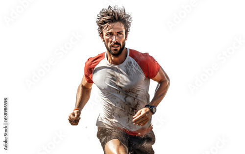 A Man Passionately Engaged in a Challenging Trail Running Session Isolated on Transparent Background PNG.