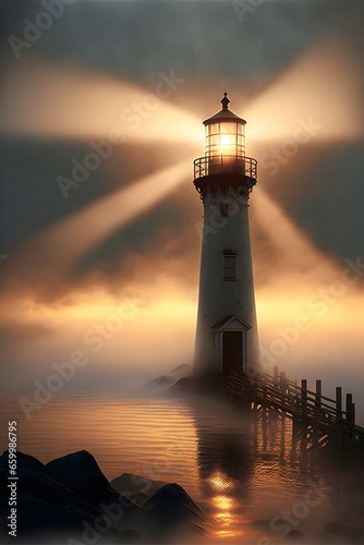 Lighthouse Misty Sunrise photorealistic award winning photographie 