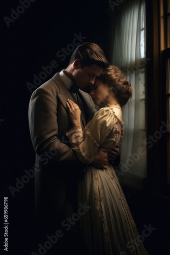 Elegant Victorian Couple. Slicked-Back Style, Classic Noir Embrace. couple kissing. passionate couple. retro man and woman kissing. loving embrace. kissing goodbye. victorian couple.  photo