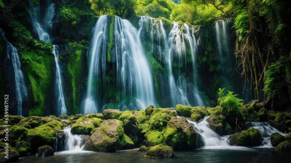 Obraz premium Waterfall in autumn forest background, Generative AI