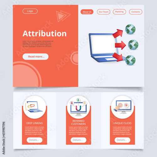 Attribution flat landing page website template. Deep linking, reffered customers, unique clicks. Web banner with header, content and footer. Vector illustration.