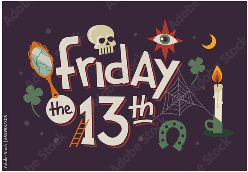 Hand lettering for friday the 13th. Vector illustrations separated on a dark background. Superstition and luck