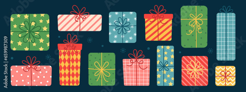 Set of hand drawn colorful Christmas gift boxes, holiday presents. Vector illustration.