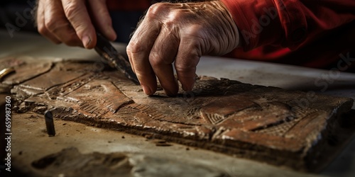 Close-up of hands meticulously restoring a damaged ancient artifact , concept of Conservation