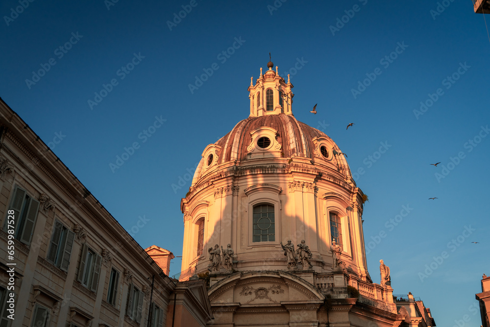 Photograph of a cathedral in the city of Rome. Basilica in European capital. Glass dome in the Basilica in Rome. European tour. Travel agency.