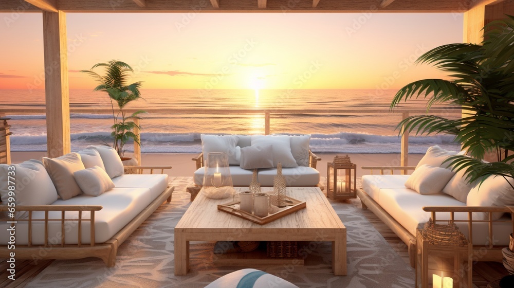 Design a coastal chic lounge with a 3D background view of an oceanfront sunset, featuring comfortable seating and virtual waves crashing on the shore.
