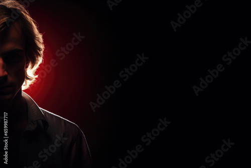 creepy man back lit by a red evil glowing light. long blond hair. silhouette of a man. horror concept. Halloween. mysterious man in the shadows. black background. supernatural eerie glow.
