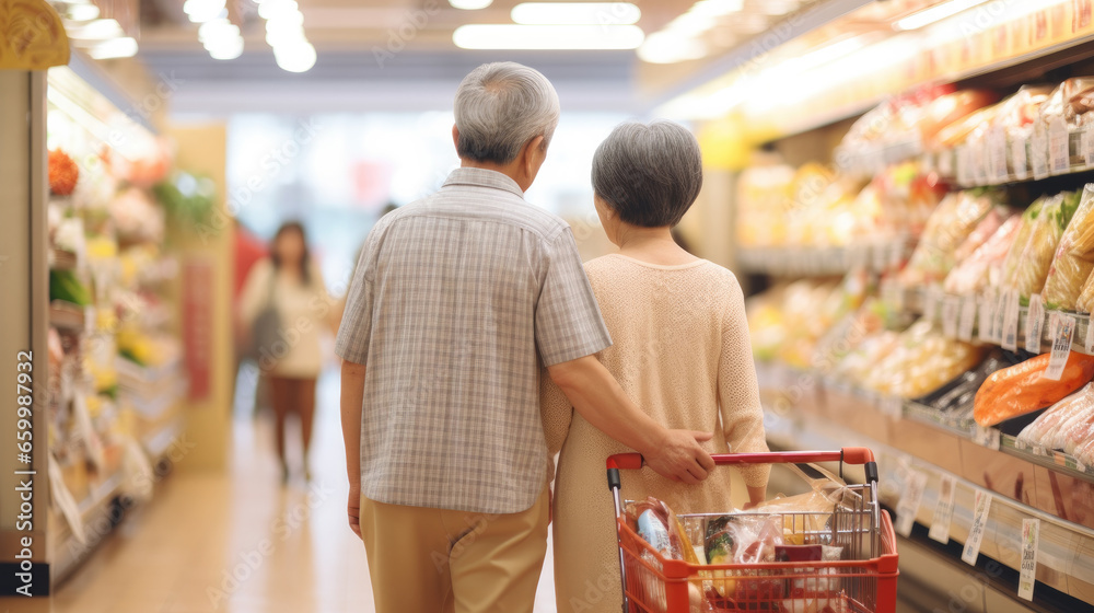 rear view of senior asian couple grocery shopping in supermarket, AI generated image