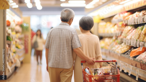 rear view of senior asian couple grocery shopping in supermarket, AI generated image photo