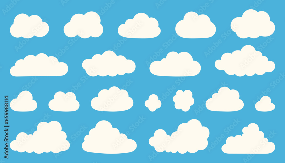 Cartoon cloud set. Clouds isolated on blue sky panorama vector collection. Cloudscape in blue sky - obrazy, fototapety, plakaty 