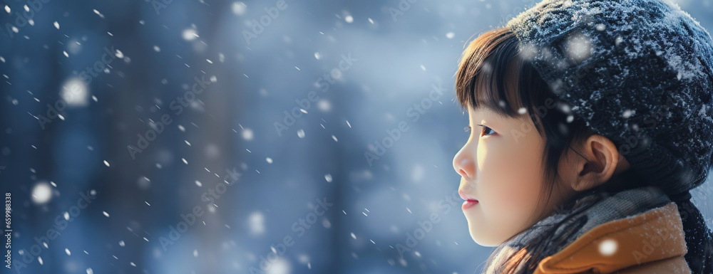 Side view portrait of little Asian girl watching snow falling. Panoramic shot with copy space