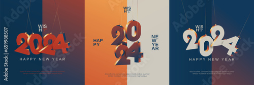 Happy new year 2024 square banner template with 3D hanging number and modern colours. Greeting concept for 2024 new year celebration
