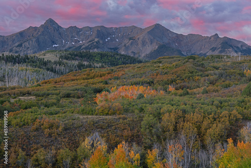 Autumn landscape at dawn, Dallas Divide, San Juan Mountains, Colorado, USA