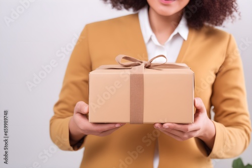 Close up of someone holding a gift box. Birthday, corporate event, St. Valentine's day gift concept
