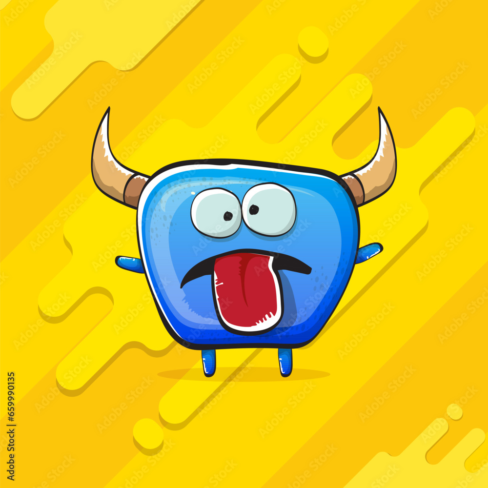 Naklejka premium Vector cartoon funky blue monster with horn isolated on yellow background. Smiling silly blue monster print sticker design template. Ghost, troll, gremlin, goblin, devil and monster