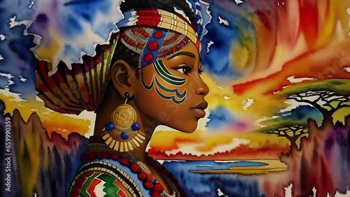 Strong African Woman Flipbook Animation. Generative AI   Cell-shading landscape and portrait artwork of Africa and African woman.