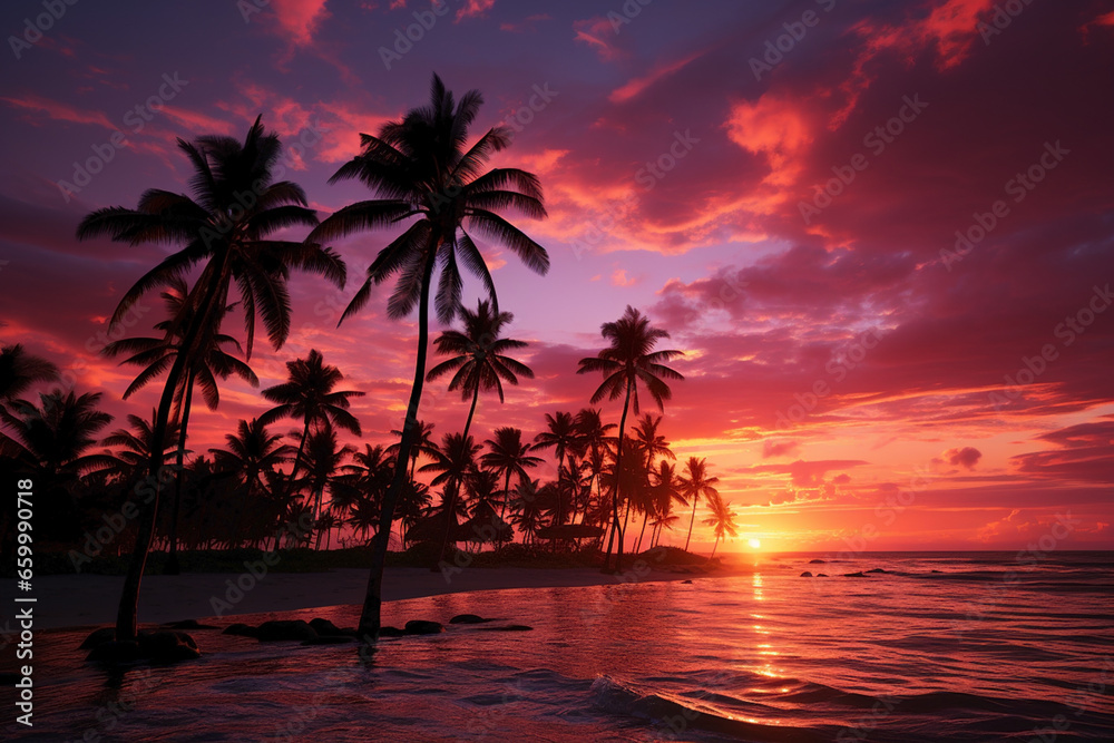 palm trees in pink sky on the sunset